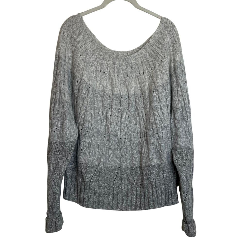 White House Black Market Womens Cable Knit Sweater L Gray Boat Neck Long Sleeve